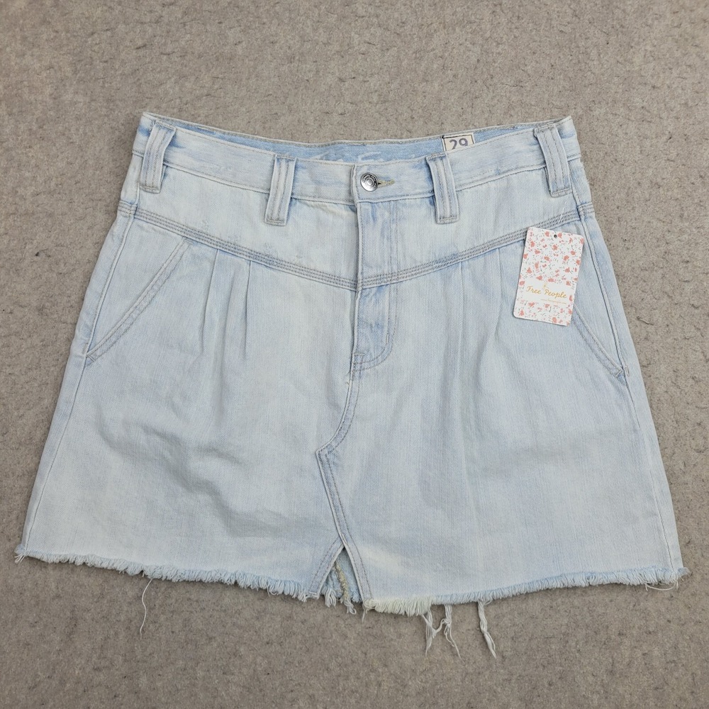 Free People Skirt Sz 29 Silver Lake Denim Mini High Rise Pleated Frayed Hem NEW